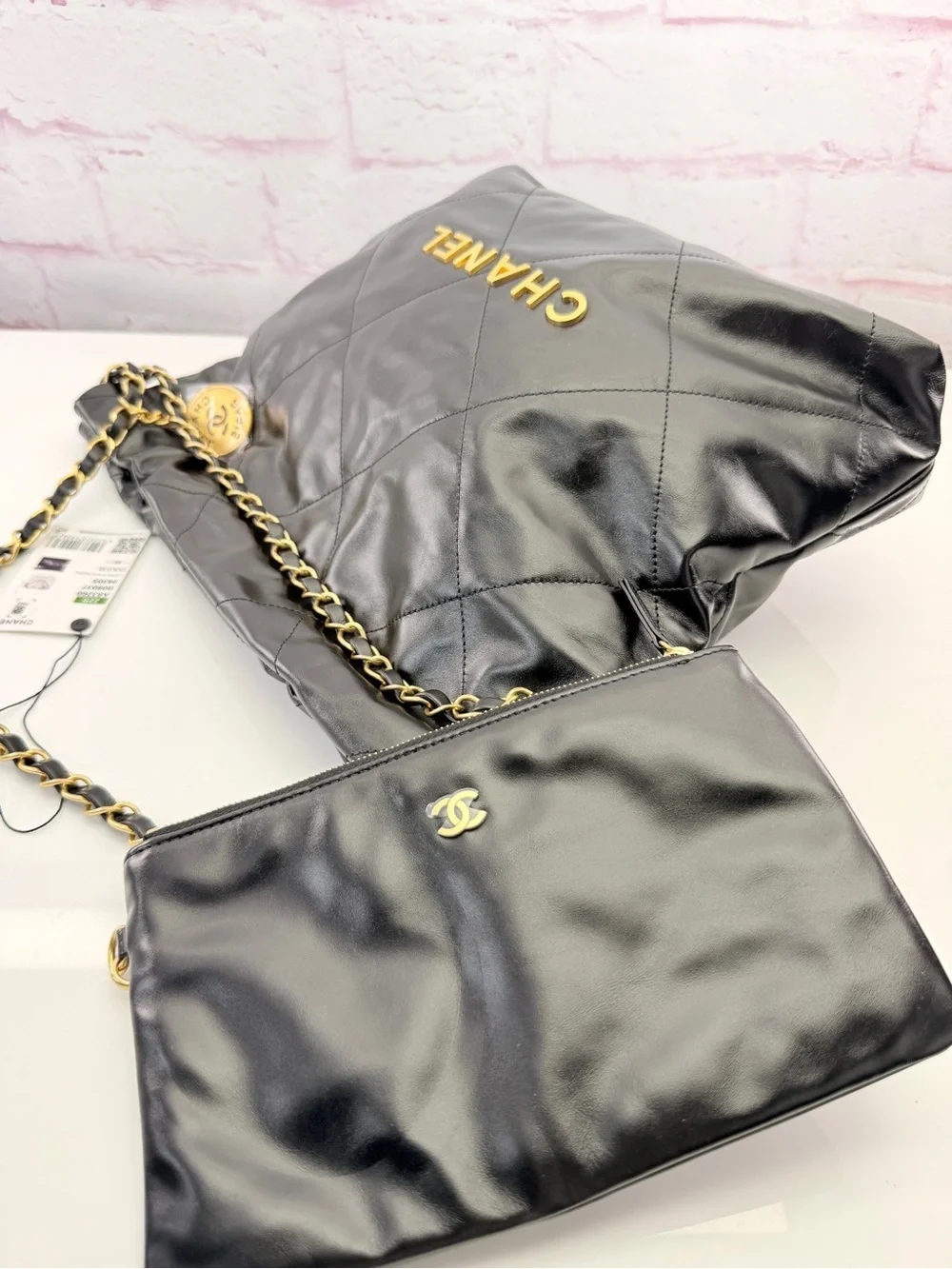 Chanel NWT 22 Shiny Black Quilted Calfskin Leather Hobo Bag with Pouch
